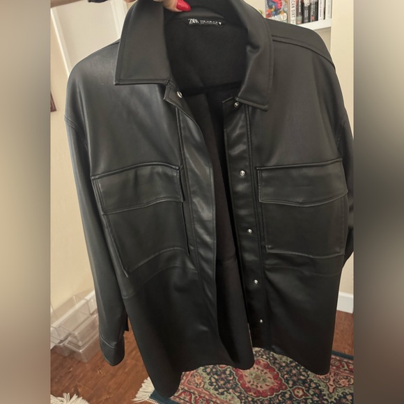 ZARA Faux Oversized Leather Button Up Shirt/Jacket BLACK XS - Picture 5 of 6